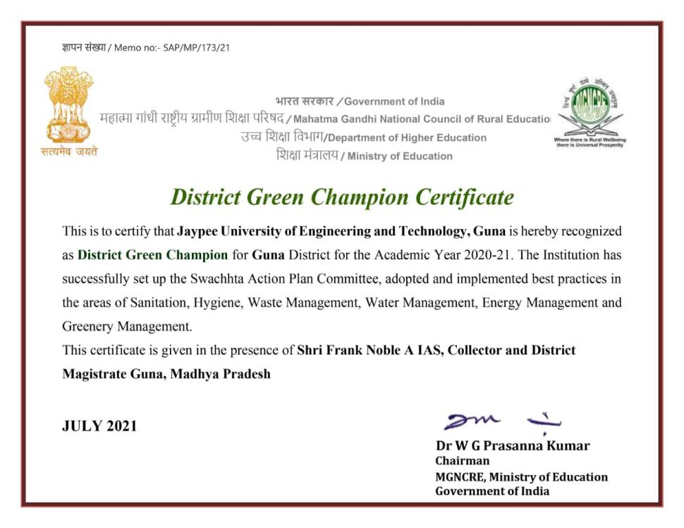District Green Champion Certificate for the A.Y. 2020-21 to Jaypee University of Engineering and Technology, Guna